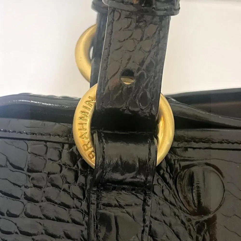 Brahmin Mini Asher Black Melbourne Croc Embossed Leather Satchel Crossbody